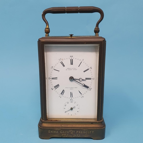 259 - A 19th century carriage clock, with repeat, the 6.5 cm wide enamel dial signed Leroy & Fils, 211 Reg... 