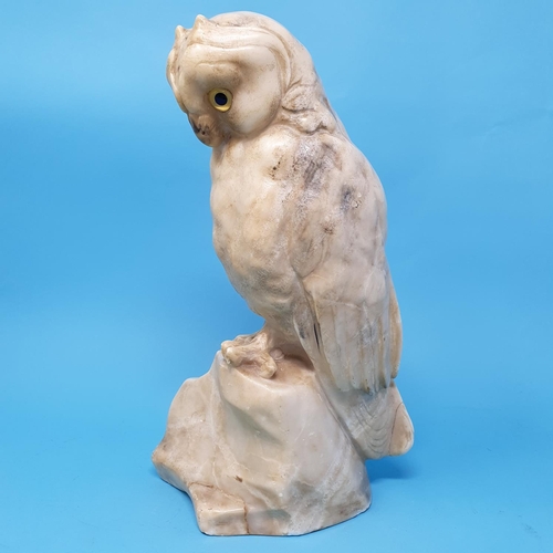 263 - A carved alabaster figure, of an owl, perched on a rock, 28 cm high, removal cost A