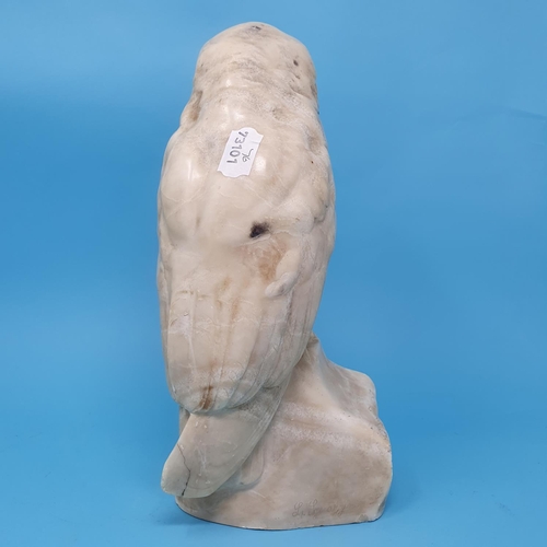 263 - A carved alabaster figure, of an owl, perched on a rock, 28 cm high, removal cost A