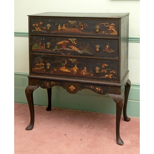 272 - A lacquered chest on stand, with chinoiserie style decoration, having three graduated long drawers, ... 