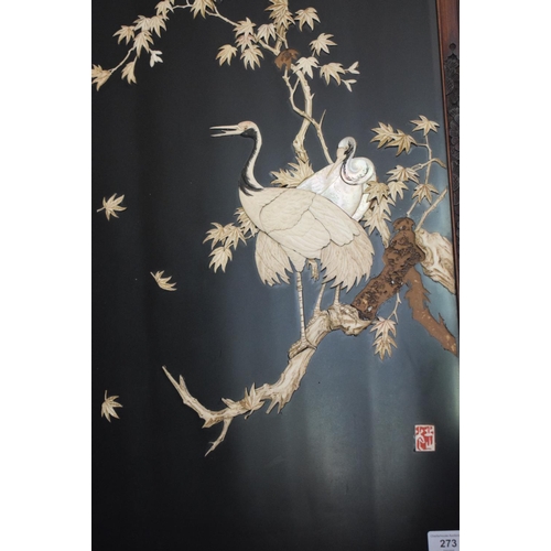 273 - A pair of late 19th/early 20th century Japanese lacquered mother of pearl and bone inlaid panels, de... 