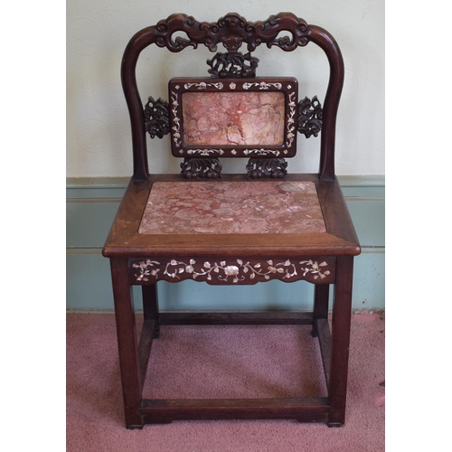 275 - A Chinese hardwood chair, inlaid with mother of pearl, with carved and pierced decoration, the back ... 