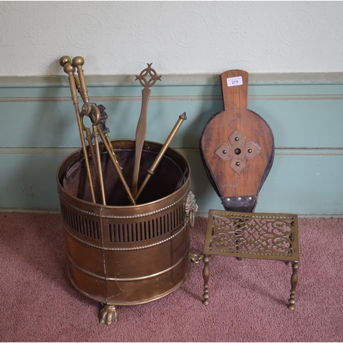 279 - A brass coal bin, a pair of bellows, a trivet and various fire irons, removal cost A