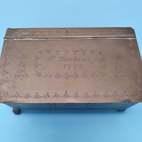 290 - An 18th century brass box, top engraved Larkins 1772, flanked by two lighthouses, the hinged top rev... 