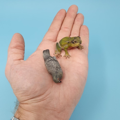 293 - A cold painted bronze pigeon, 4 cm high, and a cold painted frog, 3 cm