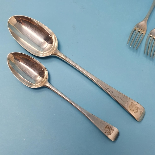 298 - A Victorian old English pattern part service of silver cutlery, comprising five table spoons, six ta... 