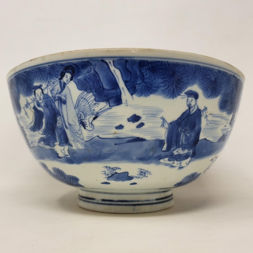 301 - A Chinese bowl, decorated figures in underglaze blue, six character mark to base, 21 cm diameter, re... 