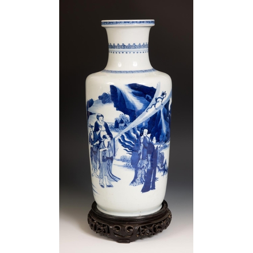 309 - A Chinese rouleau vase, decorated a man breathing fire with a dragon and other figures in underglaze... 