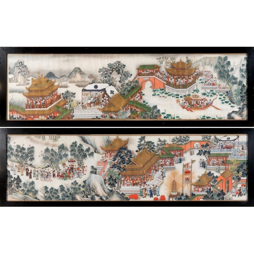 312 - A Chinese scroll painting, now in two parts, figures celebrating with fireworks, in processions, pag... 