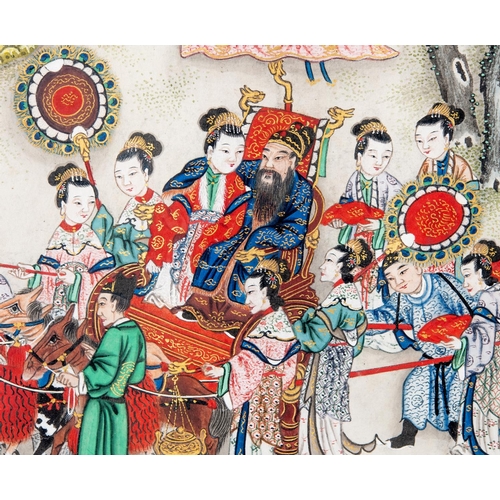 312 - A Chinese scroll painting, now in two parts, figures celebrating with fireworks, in processions, pag... 