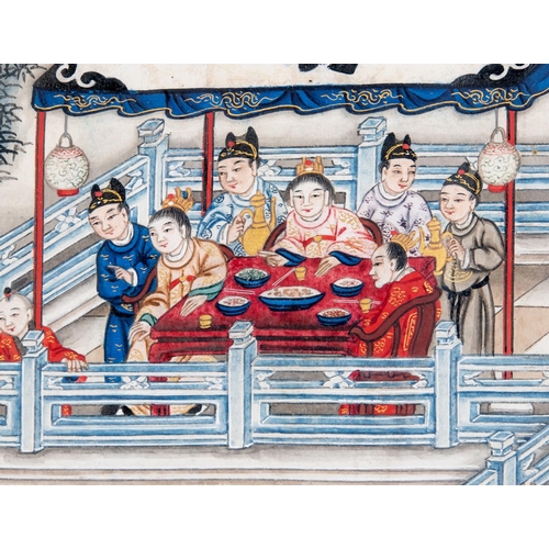 312 - A Chinese scroll painting, now in two parts, figures celebrating with fireworks, in processions, pag... 