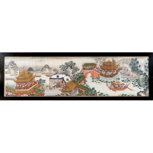 312 - A Chinese scroll painting, now in two parts, figures celebrating with fireworks, in processions, pag... 