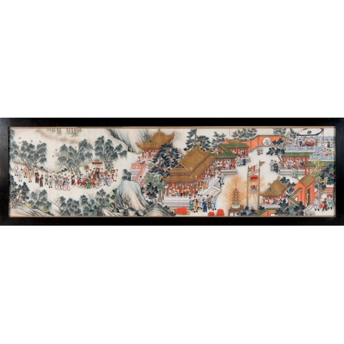 312 - A Chinese scroll painting, now in two parts, figures celebrating with fireworks, in processions, pag... 