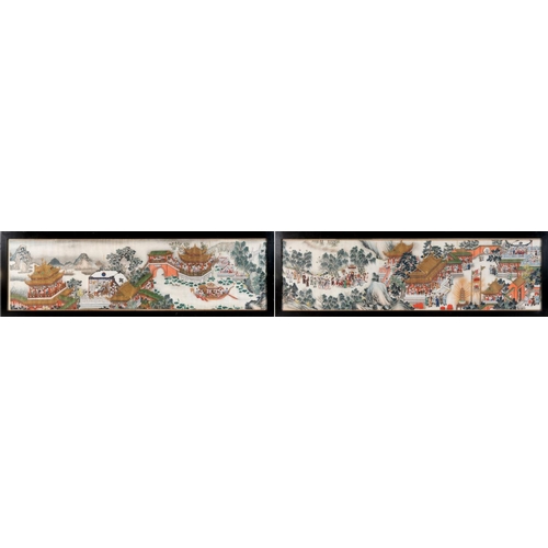 312 - A Chinese scroll painting, now in two parts, figures celebrating with fireworks, in processions, pag... 