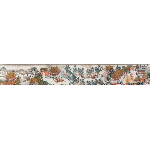 312 - A Chinese scroll painting, now in two parts, figures celebrating with fireworks, in processions, pag... 