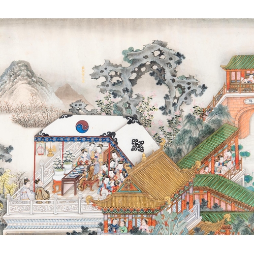 312 - A Chinese scroll painting, now in two parts, figures celebrating with fireworks, in processions, pag... 