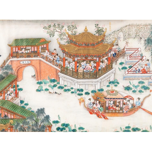 312 - A Chinese scroll painting, now in two parts, figures celebrating with fireworks, in processions, pag... 