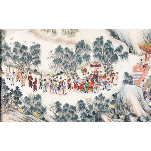 312 - A Chinese scroll painting, now in two parts, figures celebrating with fireworks, in processions, pag... 