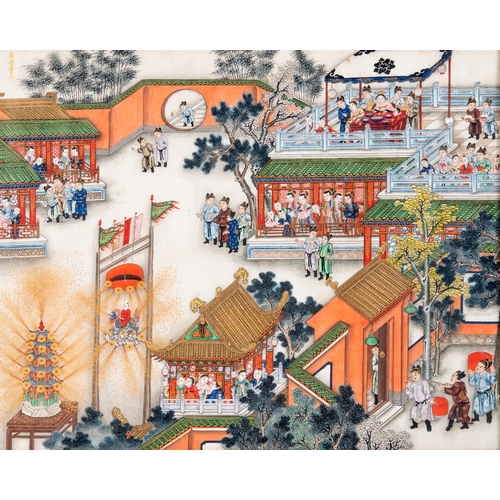 312 - A Chinese scroll painting, now in two parts, figures celebrating with fireworks, in processions, pag... 