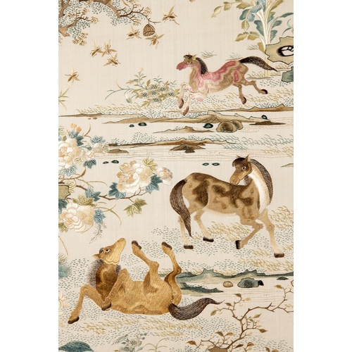 313 - A Chinese silk embroidered table screen,worked horses, monkeys, insects and birds, signed, 51 x 39 c... 