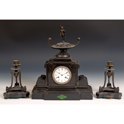 315 - A 19th century clock garniture, the clock fitted an eight day movement and with a figure of Mercury ... 