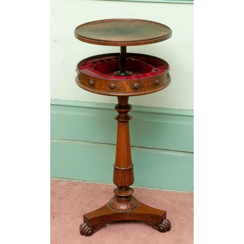 346 - An unusual William IV rosewood work table, the drum top with the lid lifting up to reveal a fitted i... 