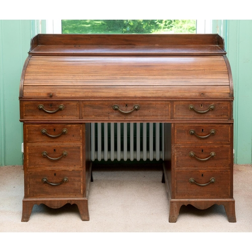 361 - A 19th century inlaid mahogany cylinder desk, the three quarter gallery above a tambour section with... 