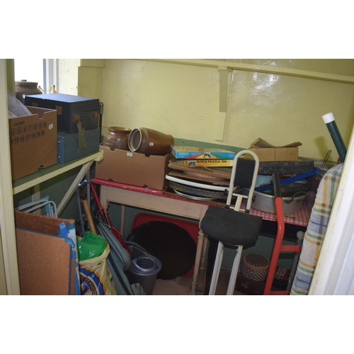 37 - Two pine tables, assorted storage jars, domestic and other items (the contents of the Pantry Room), ... 