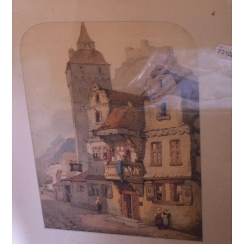 71 - Manner of Samuel Prout, a Continental town, with a church behind, watercolour, 33 x 24 cm, in an arc... 