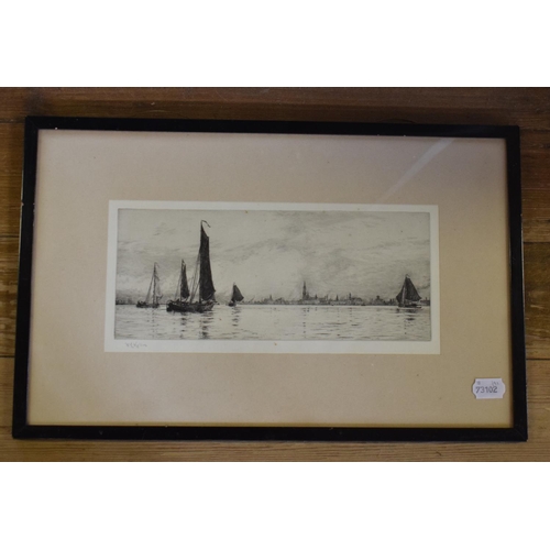 191 - William Lionel Wyllie RA (1851-1931), river scene with boats, etching, signed in pencil, 15 x 32 cm,... 