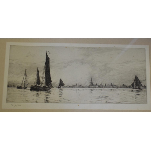 191 - William Lionel Wyllie RA (1851-1931), river scene with boats, etching, signed in pencil, 15 x 32 cm,... 