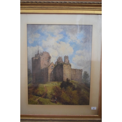 21 - English school, 19th century, figures with a castle ruin in the distance, watercolour, 58 x 45 cm, r... 