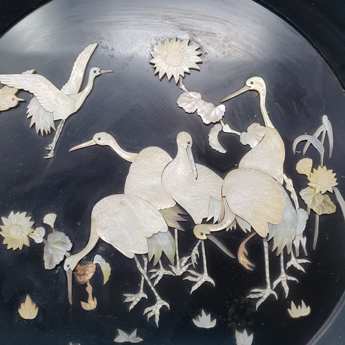 306 - An early 20th century Japanese black lacquered plaque, decorated cranes and flowers, 40 cm diameter