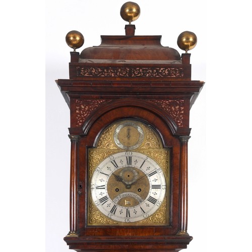 12 - A longcase clock, the 30 cm arched square brass dial signed Wm  Threlkeld, London to a silvered arch... 