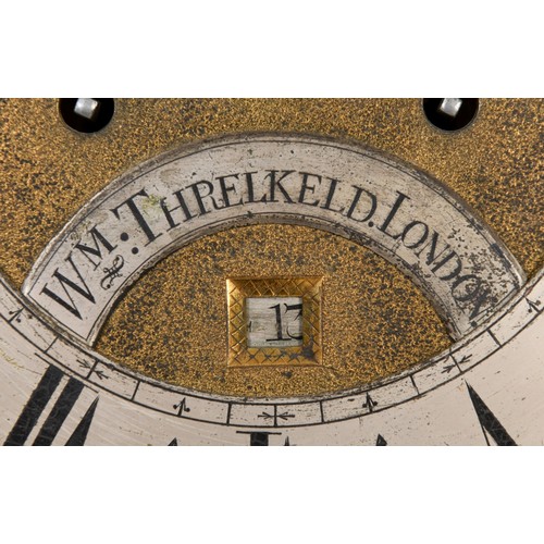 12 - A longcase clock, the 30 cm arched square brass dial signed Wm  Threlkeld, London to a silvered arch... 