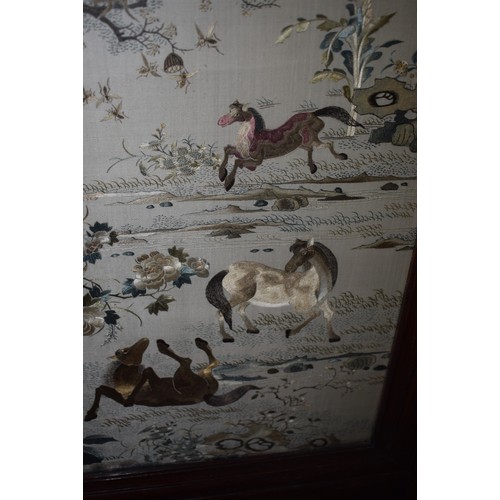 313 - A Chinese silk embroidered table screen,worked horses, monkeys, insects and birds, signed, 51 x 39 c... 