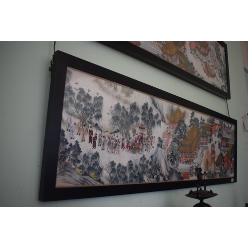 312 - A Chinese scroll painting, now in two parts, figures celebrating with fireworks, in processions, pag... 