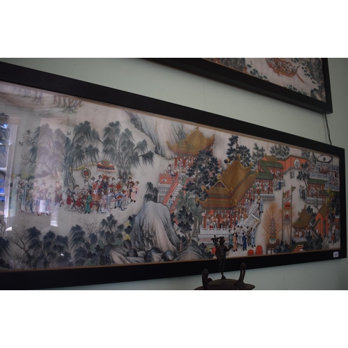 312 - A Chinese scroll painting, now in two parts, figures celebrating with fireworks, in processions, pag... 