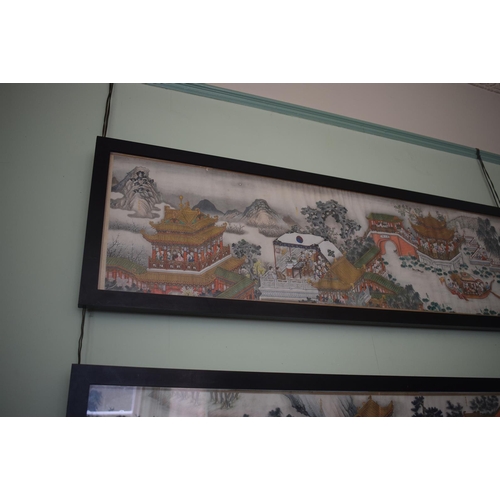 312 - A Chinese scroll painting, now in two parts, figures celebrating with fireworks, in processions, pag... 