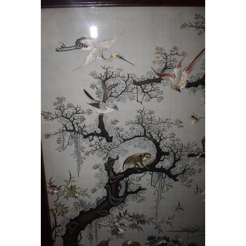 313 - A Chinese silk embroidered table screen,worked horses, monkeys, insects and birds, signed, 51 x 39 c... 