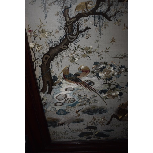 313 - A Chinese silk embroidered table screen,worked horses, monkeys, insects and birds, signed, 51 x 39 c... 