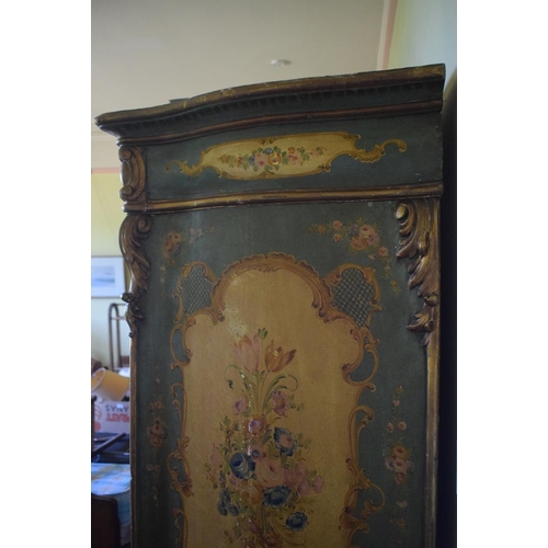 81 - A Continental serpentine front painted two door wardrobe, with panels of flowers and foliage, 140 cm... 