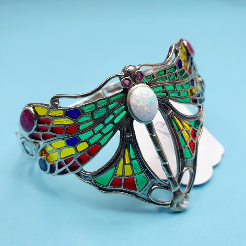 173 - A modern silver coloured metal enamel dragonfly bangle