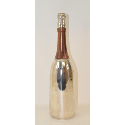 655 - A modern silver plated and carved wood cocktail shaker, in the form of a champagne bottle, 37 cm hig... 
