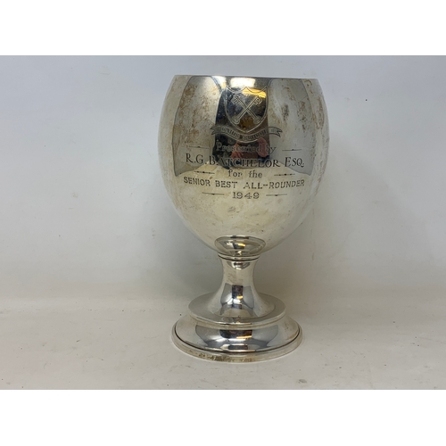 20 - A silver trophy goblet, inscribed and dated 1949, London 1934, 9.2 ozt, 18.5 cm high