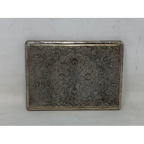 31 - A Persian silver coloured metal cigarette case, decorated birds, flowers and foliage, 11.5 cm wide