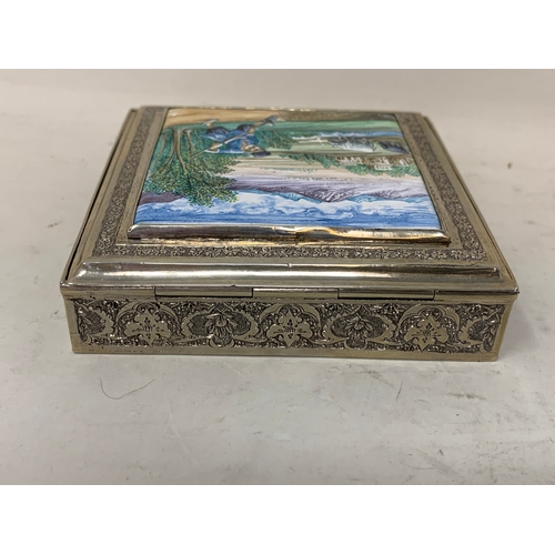 40 - A Persian silver coloured metal cigarette box, decorated a labourer digging, 8.5 cm wide