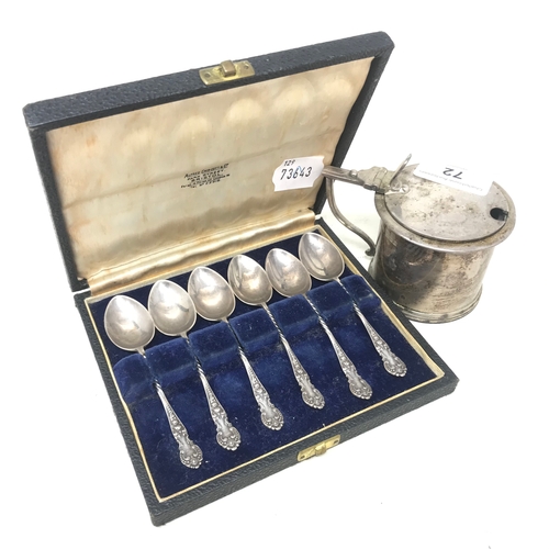 72 - A silver mustard pot, London 1922, and a set of 6 silver teaspoons, boxed, 6.9 ozt, clasp broken on ... 