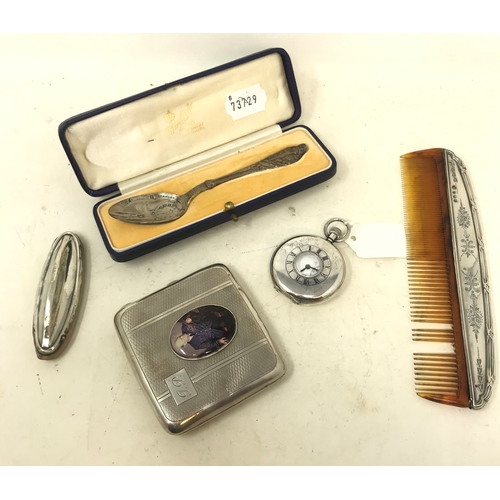 91 - A silver cigarette case, later applied a plaque, a silver half hunter pocket watch, and other items