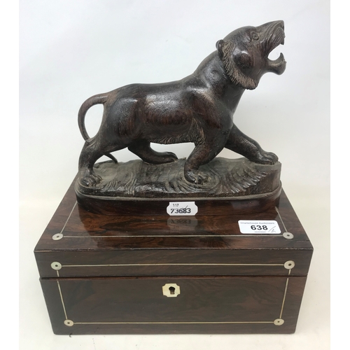 638 - A Victorian inlaid rosewood workbox, 25.5cm wide, and a carved rosewood figure, of a tiger, 22cm wid... 